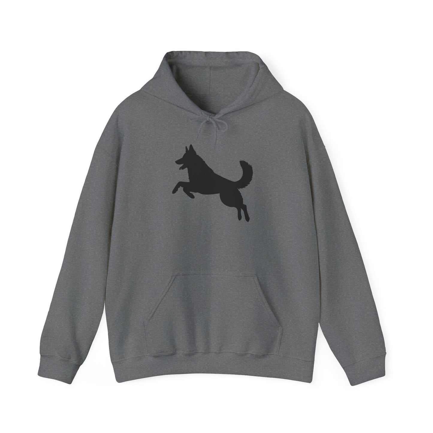 Unisex Dog Lover Hoodie With a Graphic of Solid Black German Shepherd Jumping in the Air