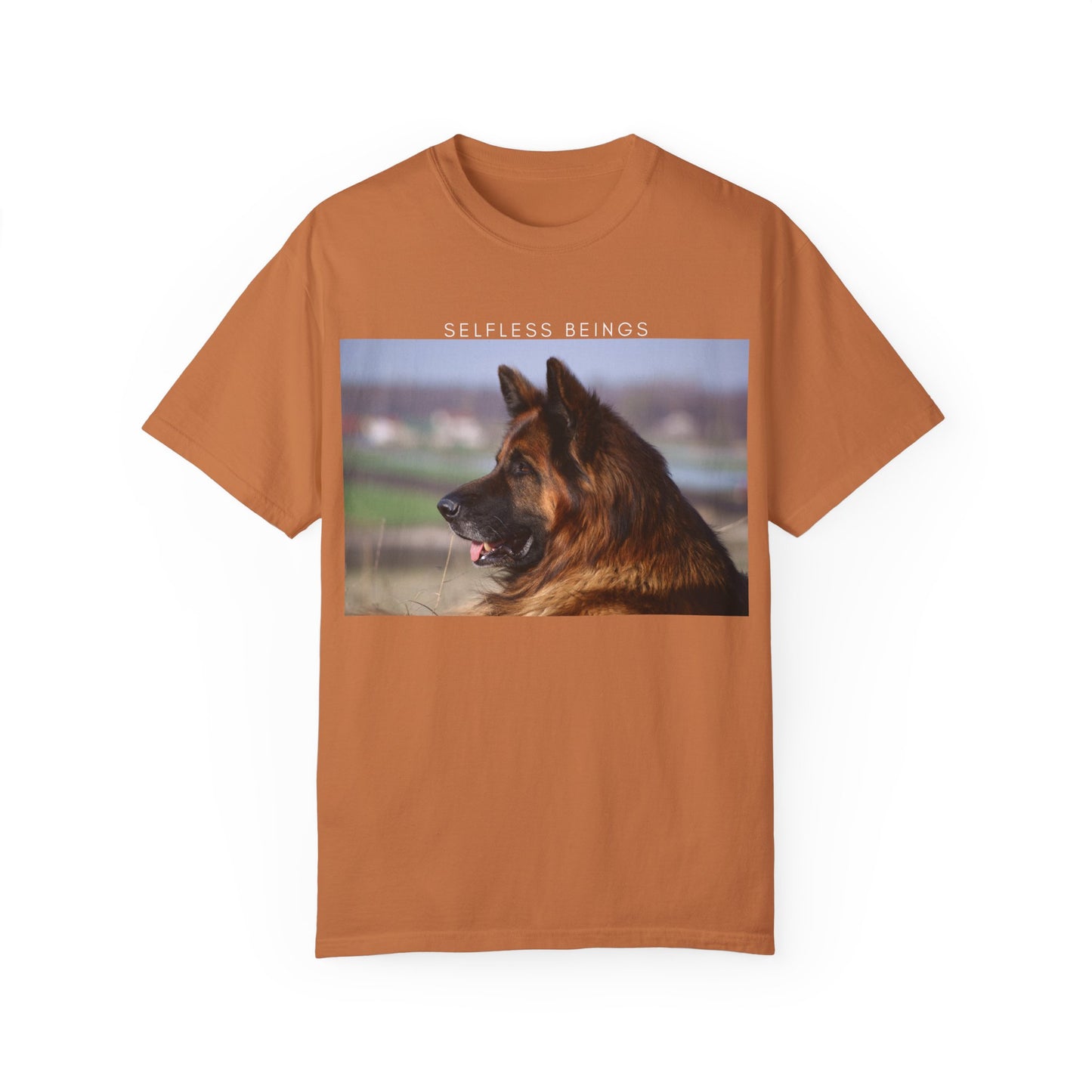 Unisex Dog Lover T-Shirt With Giant Long Coat German Shepherd Looking Straight and Caption Selfless Beings