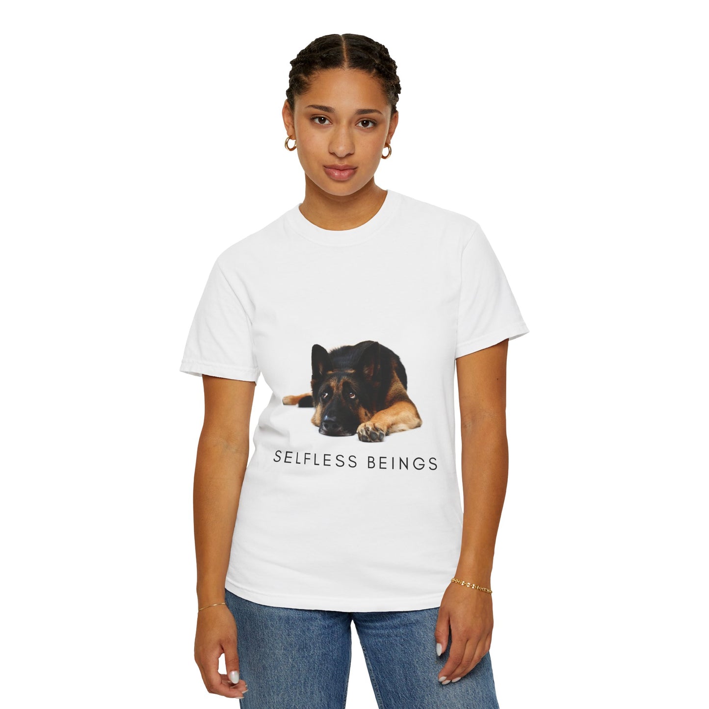 Unisex Dog Lover T-Shirt With a Bored German Shepherd Sitting in the Studio and Caption Selfless Beings