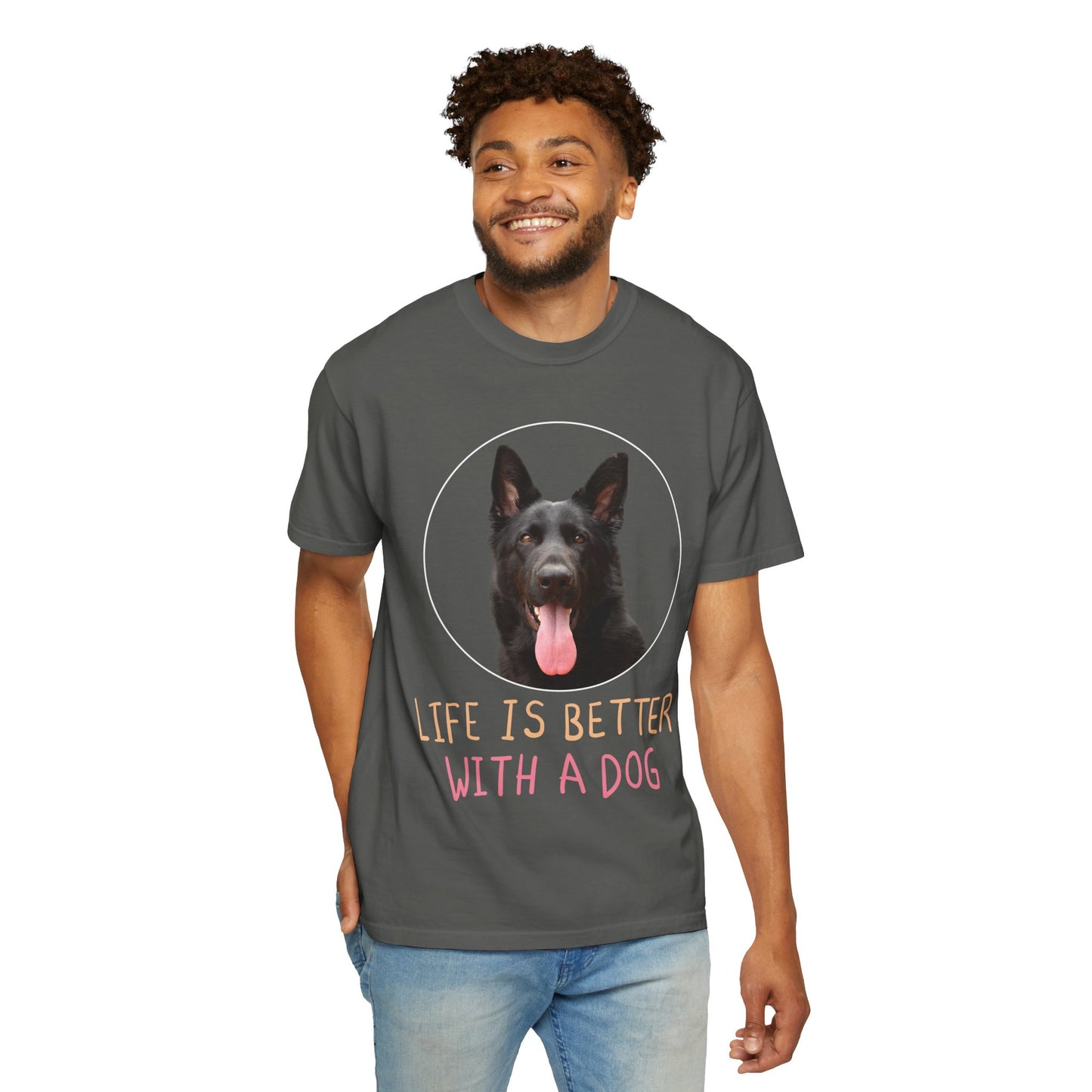 Unisex Dog Lover T-Shirt With Black German Shepherd Leaving Tongue Out and Caption Life is Better With A Dog