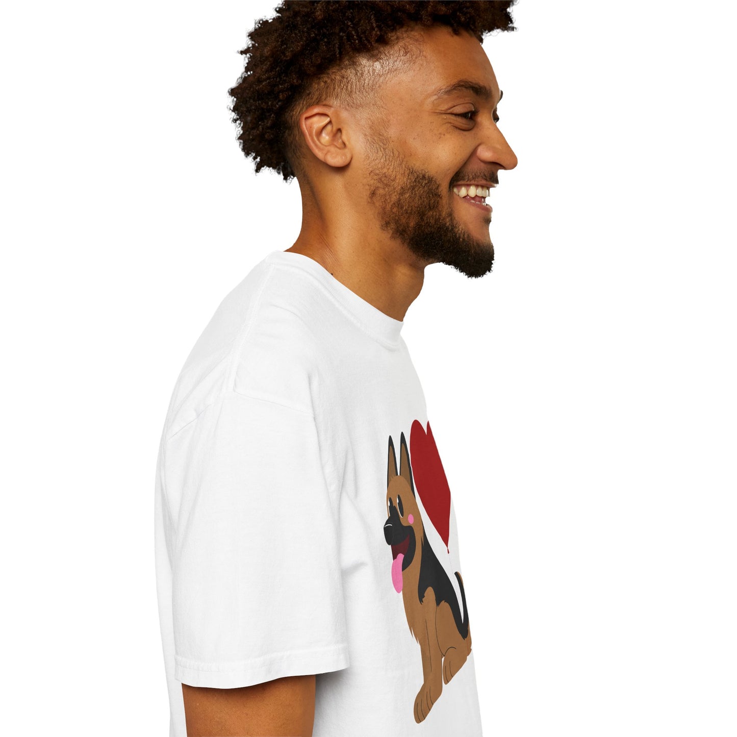 Unisex Dog Lover T-Shirt With a Graphic of German Shepherd Puppy and Heart Shaped Balloon Attached With Tail