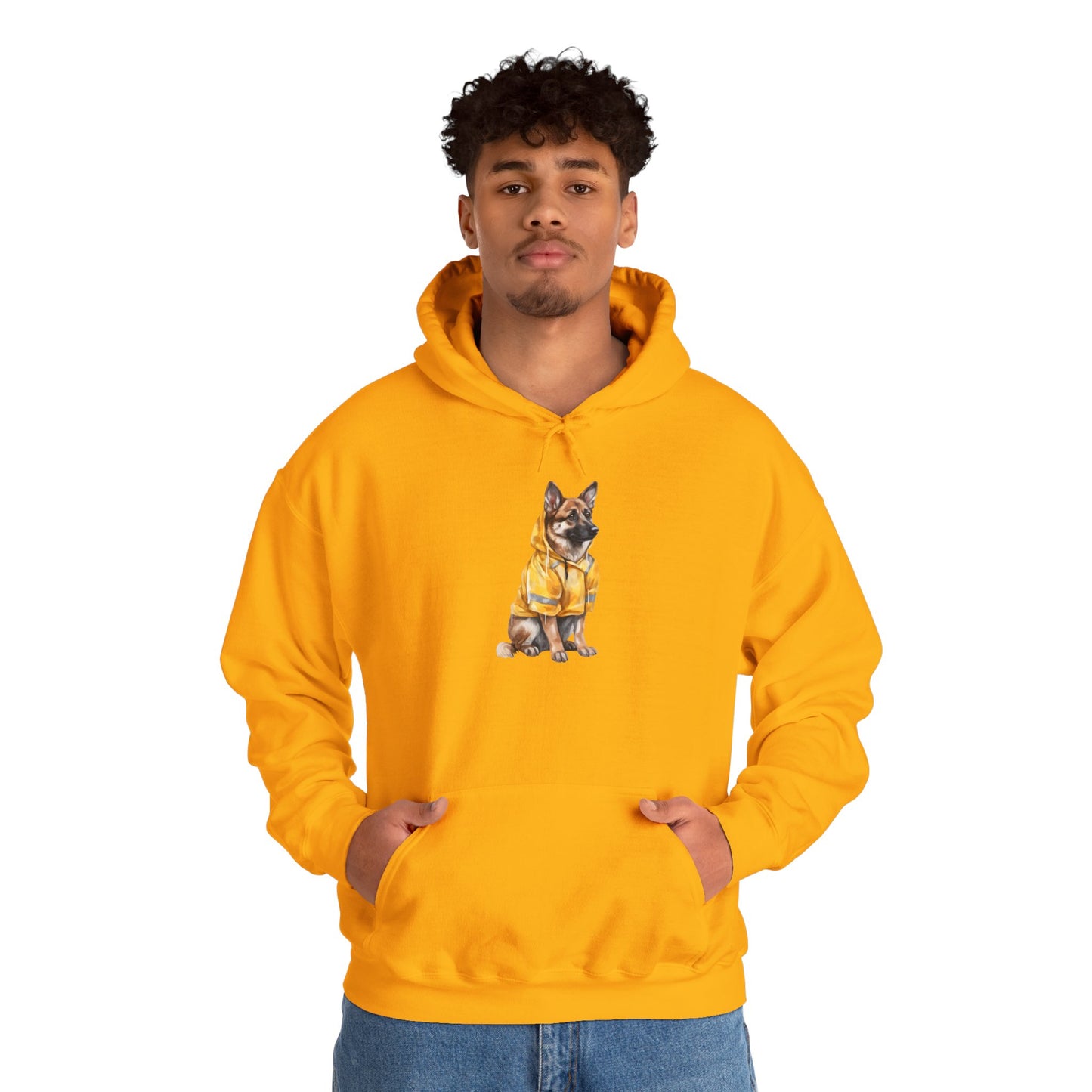 Unisex Dog Lover Hoodie With a Graphic of German Shepherd Wearing a Yellow Rain Coat