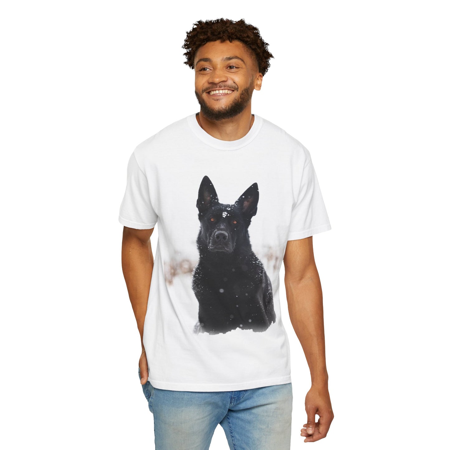 Unisex Dog Lover T-Shirt Featuring a Giant Black Working Line German Shepherd in the Snow