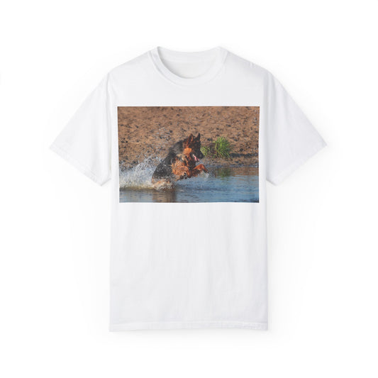 Unisex Dog Lover T-Shirt With Giant German Shepherd Jumps in the River
