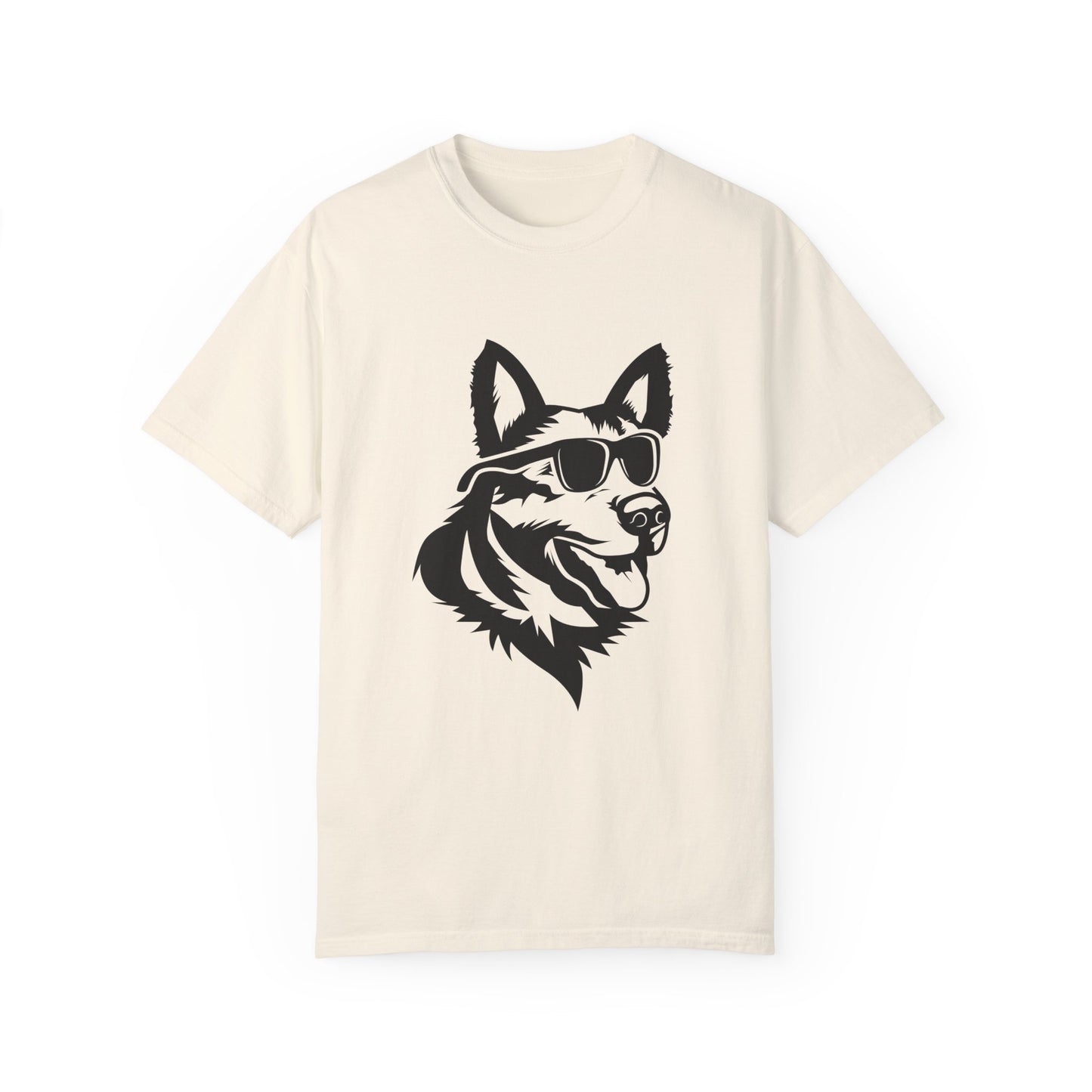 Unisex Dog Lover T-Shirt With a Graphic of Close Up Faced German Shepherd Wearing Black Glasses
