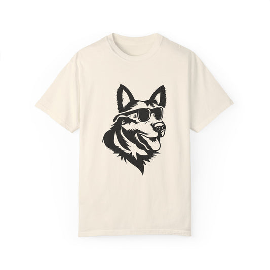 Unisex Dog Lover T-Shirt With a Graphic of Close Up Faced German Shepherd Wearing Black Glasses