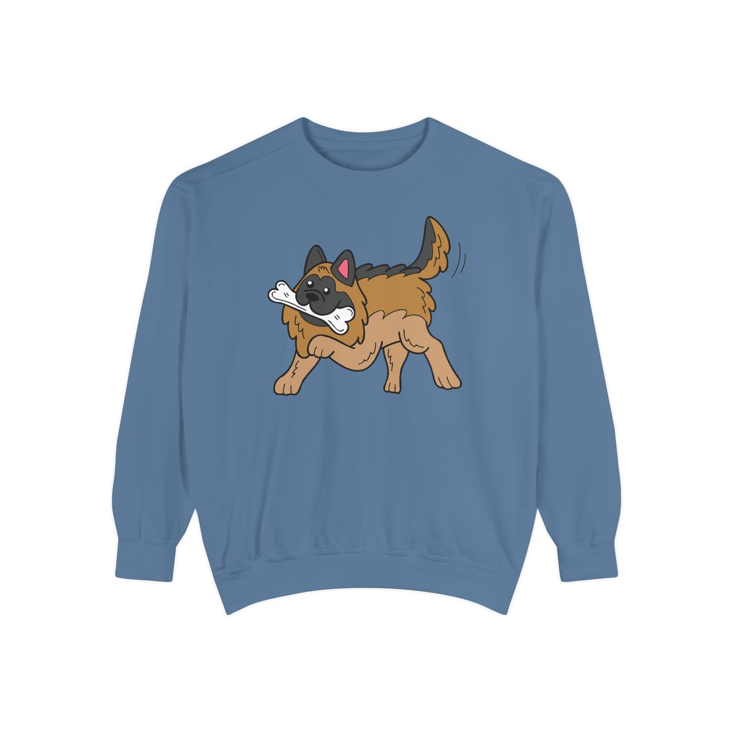 Unisex Dog Lover Sweatshirt With a Graphic of a German Shepherd Holding a White Bone in Mouth
