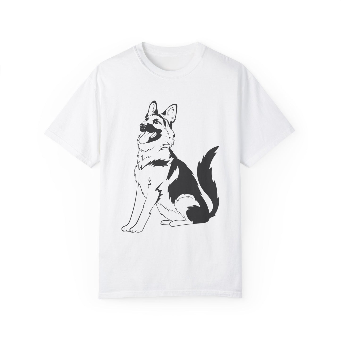Unisex Dog Lover T-Shirt With a Graphic of Black and Transparent German Shepherd Sloppily Sitting