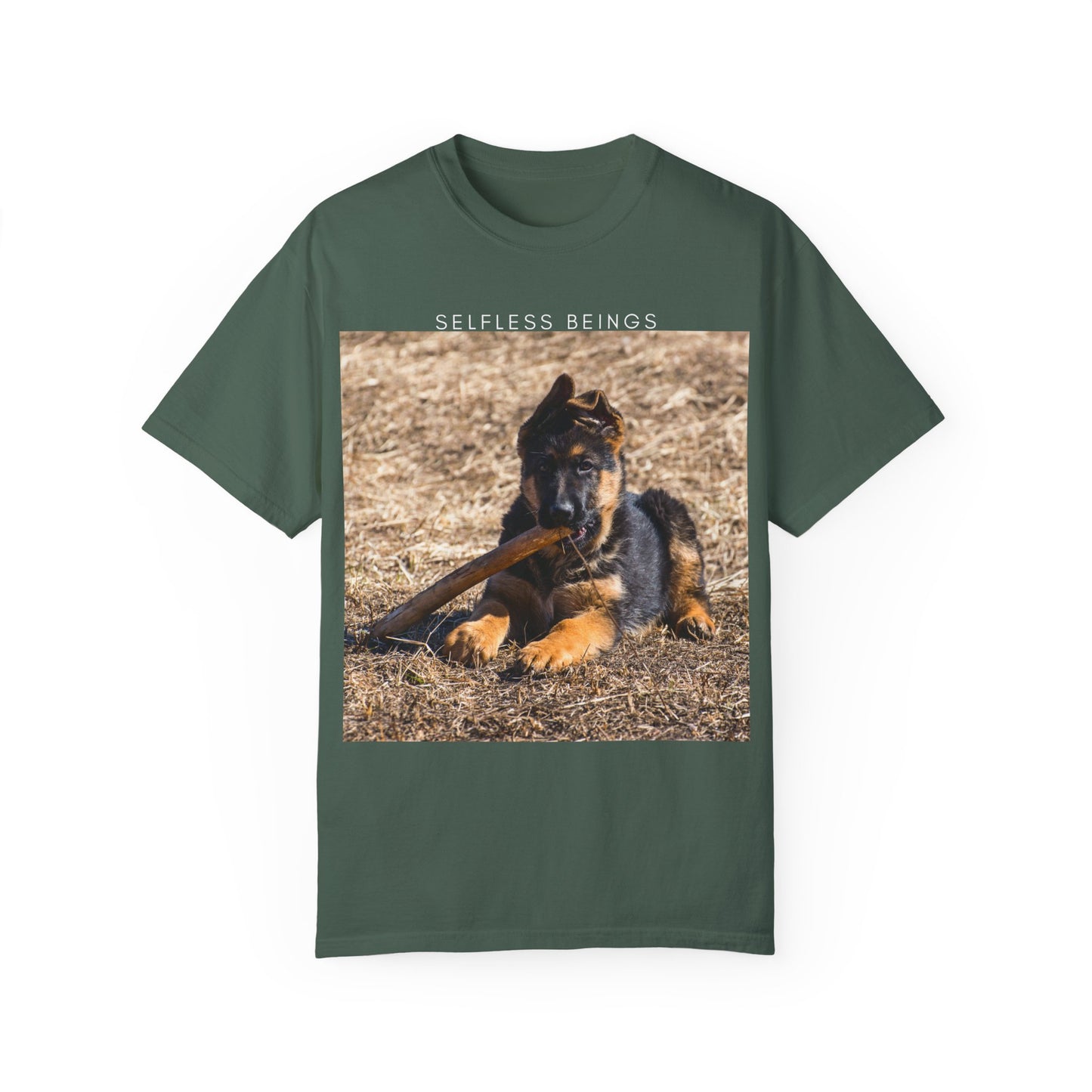 Unisex Dog Lover T-Shirt With a German Shepherd Puppy Playing With Wooden Stick on Dry Grass and Caption Selfless Beings