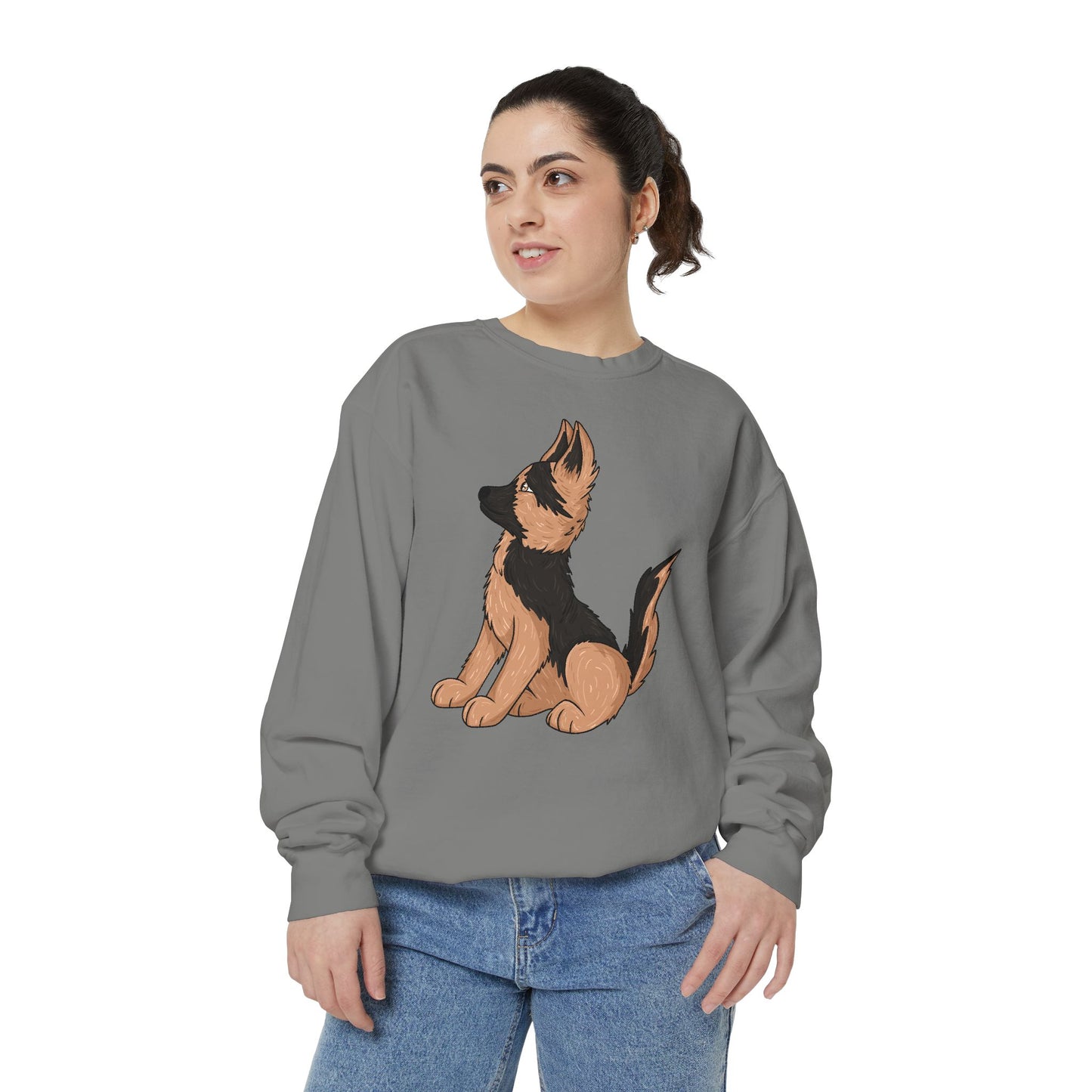 Unisex Dog Lover Sweatshirt With a Graphic of Cute German Shepherd Puppy Looking Upward