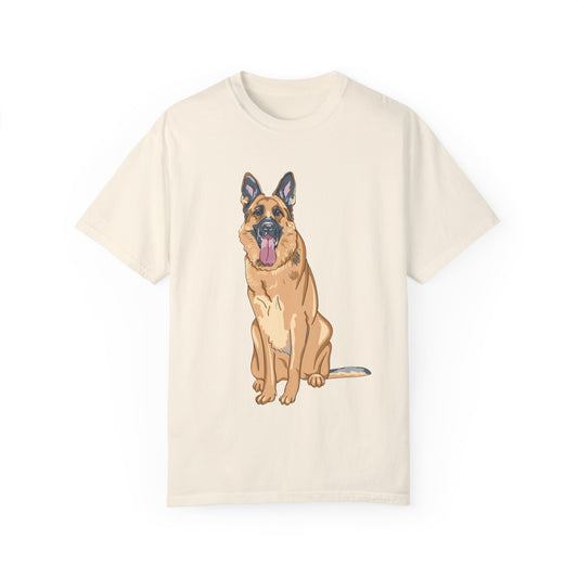 Unisex Dog Lover T-Shirt With Graphic of Giant German Shepherd Sloppily Sitting Leaving Tongue Out