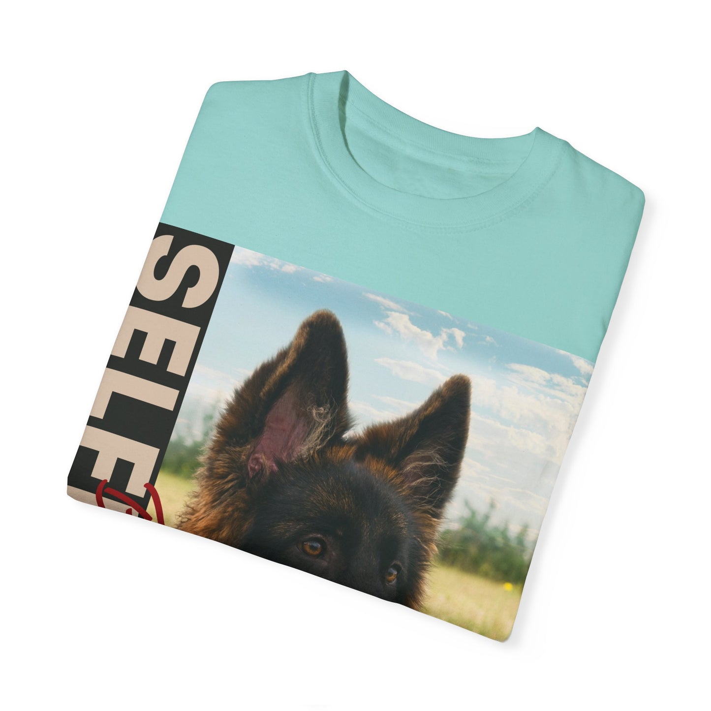 Unisex Dog Lover T-Shirt With Young Long Coat German Shepherd Looking Sideways Leaving Tongue Out and Caption Selfless Beings Written With Beige Red