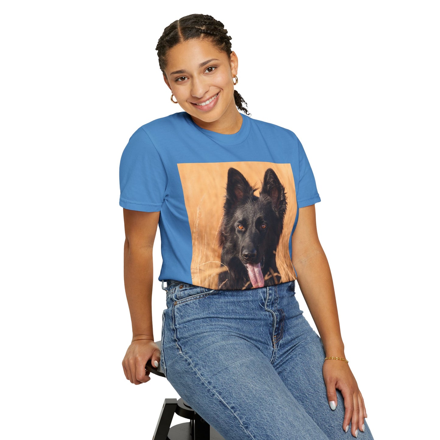 Unisex Dog Lover T-Shirt With Solid Black German Shepherd in the Middle of Long Dry Grass Leaving Tongue and Caption Selfless Beings