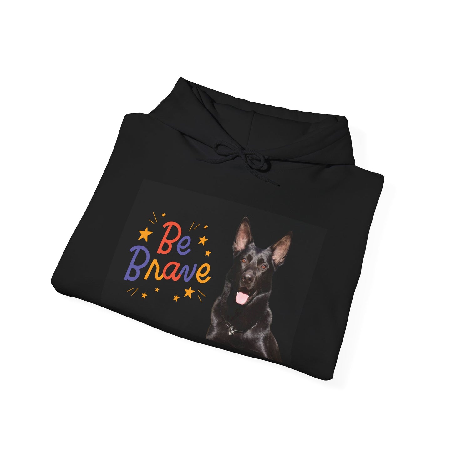 A Unisex Dog Lover Hoodie With Close Up of Solid Black German Shepherd and Caption Be Brave