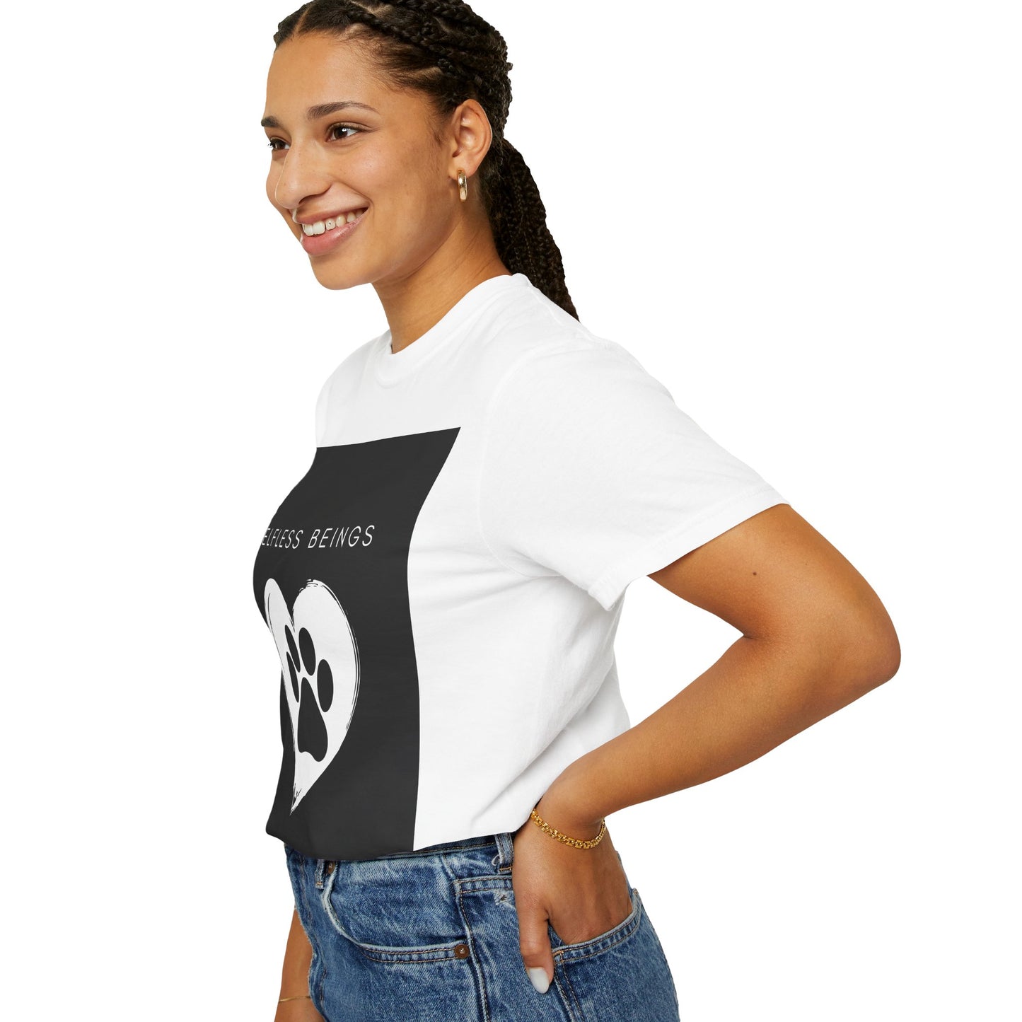 Unisex Dog Lover T-Shirt With Black Paw Print of a Dog Inside a White Heart and Caption Selfless Beings