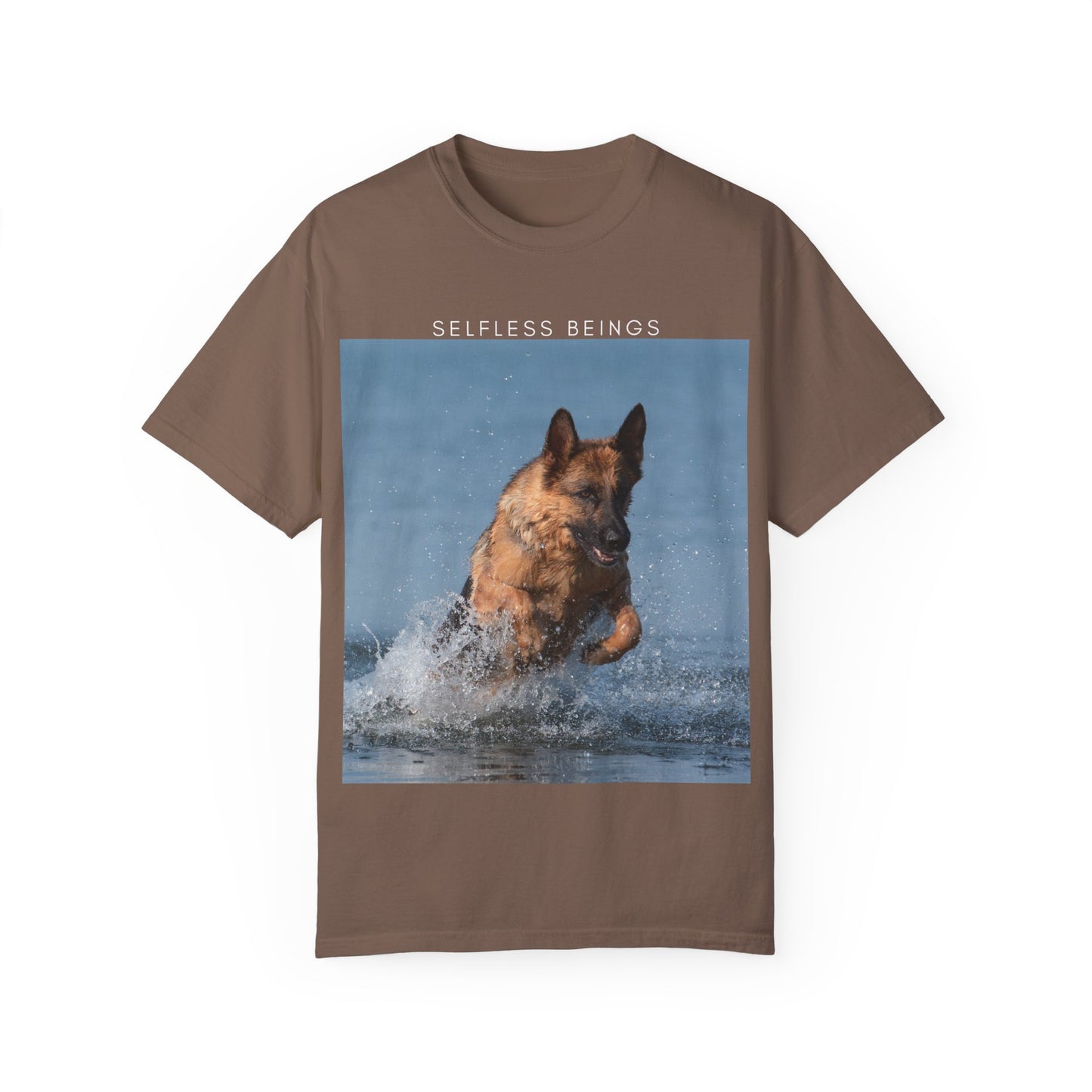 Unisex Dog Lover T-Shirt With Showline German Shepherd Swimming in the Sea and Caption Selfless Beings on Top