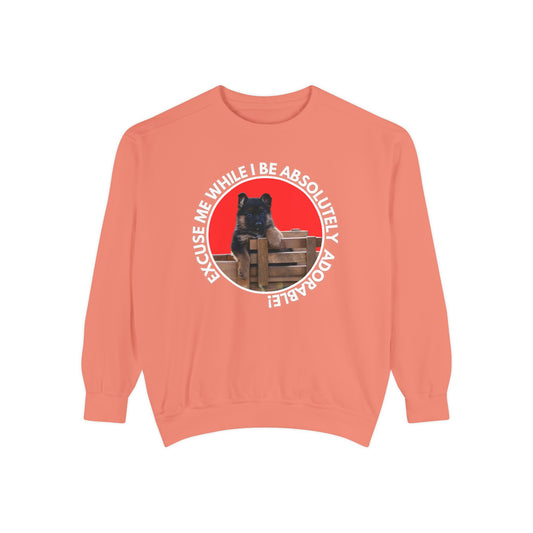 Unisex Dog Lover Sweatshirt With German Shepherd Puppy Sitting on the Toy Wooden Tractor and Caption Excuse Me While I Be Absolutely Adorable