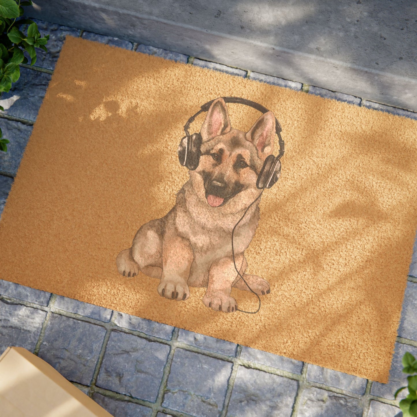 Pet Lover's Welcome Doormat Featuring a Graphic of German Shepherd Listening to Music Wearing Headphones