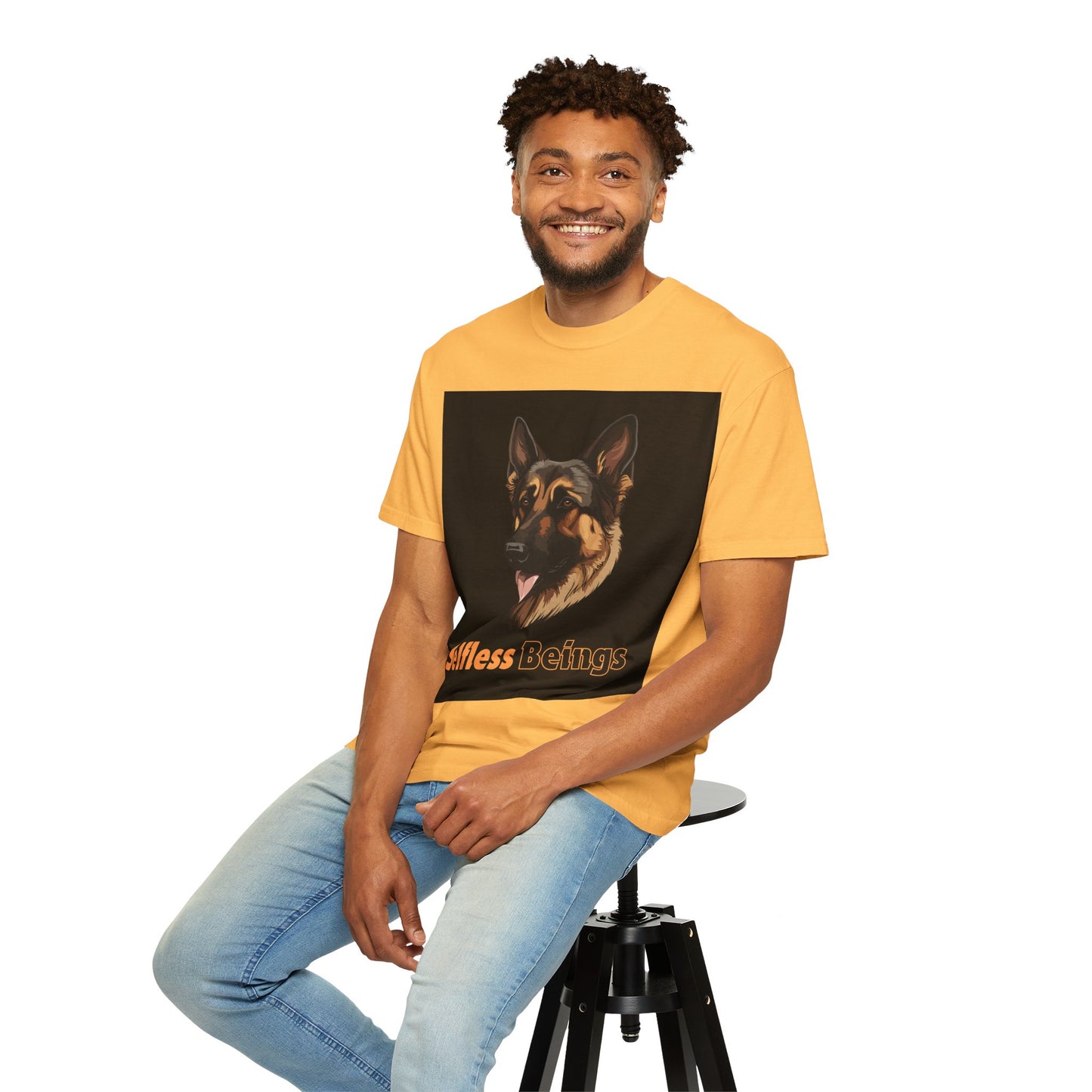 Unisex Dog Lover T-Shirt With Close Up Graphic of German Shepherd and Caption Selfless Beings is Written with Text Effect in Light Orange