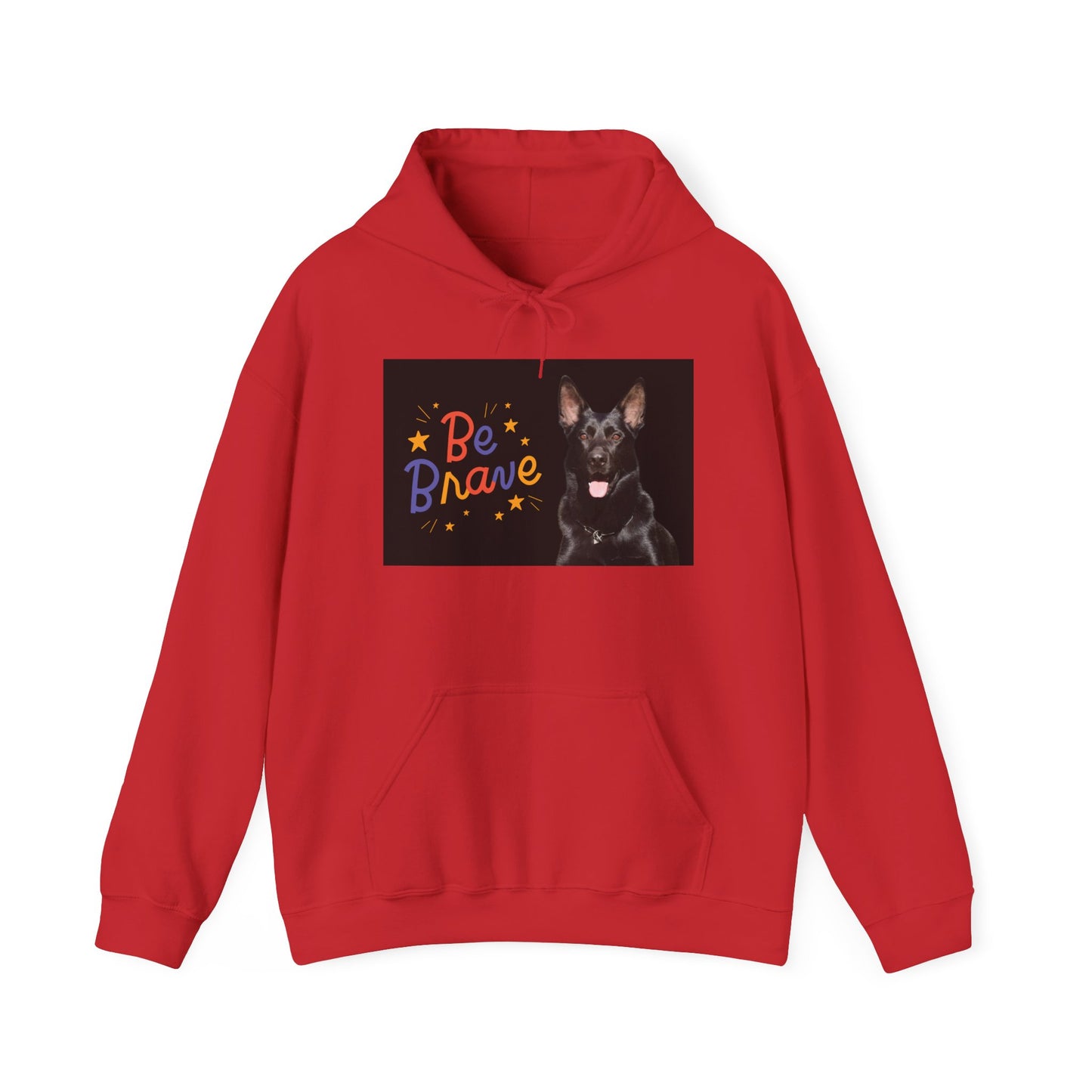A Unisex Dog Lover Hoodie With Close Up of Solid Black German Shepherd and Caption Be Brave