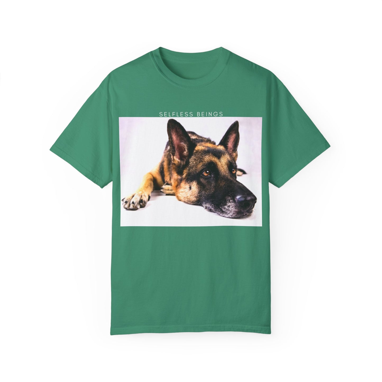 Unisex Dog Lover T-Shirt With Close Up of Bored German Shepherd Laying His Head On the Floor and Caption Selfless Beings