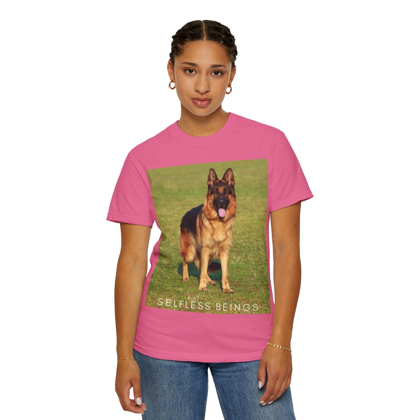 Unisex Dog Lover T-shirt With a German Shepherd on the Sports Grass Field and Caption Selfless Beings