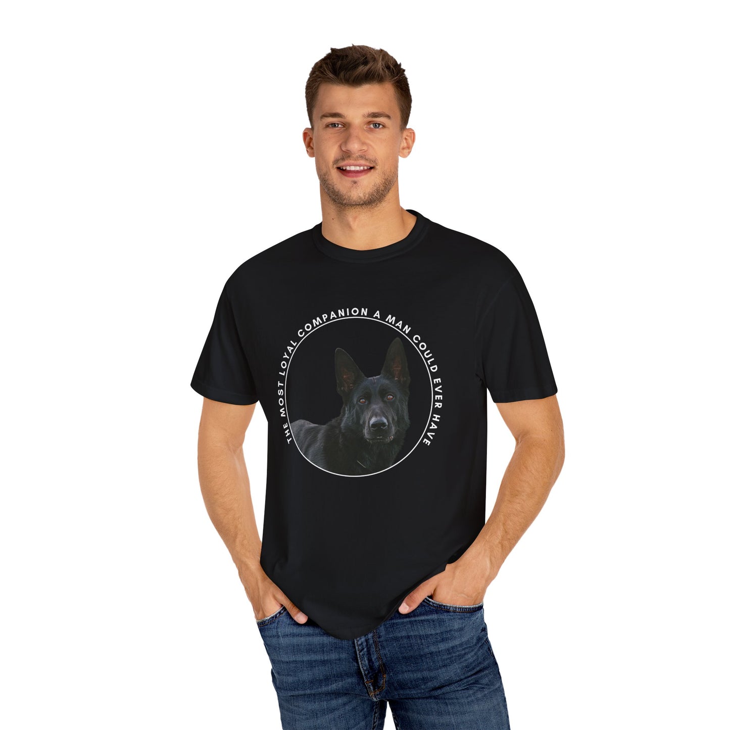 Unisex Dog Lover's T-Shirt With DDR German Shepherd and Quote The Most Loyal Companion a Man Could Ever Have