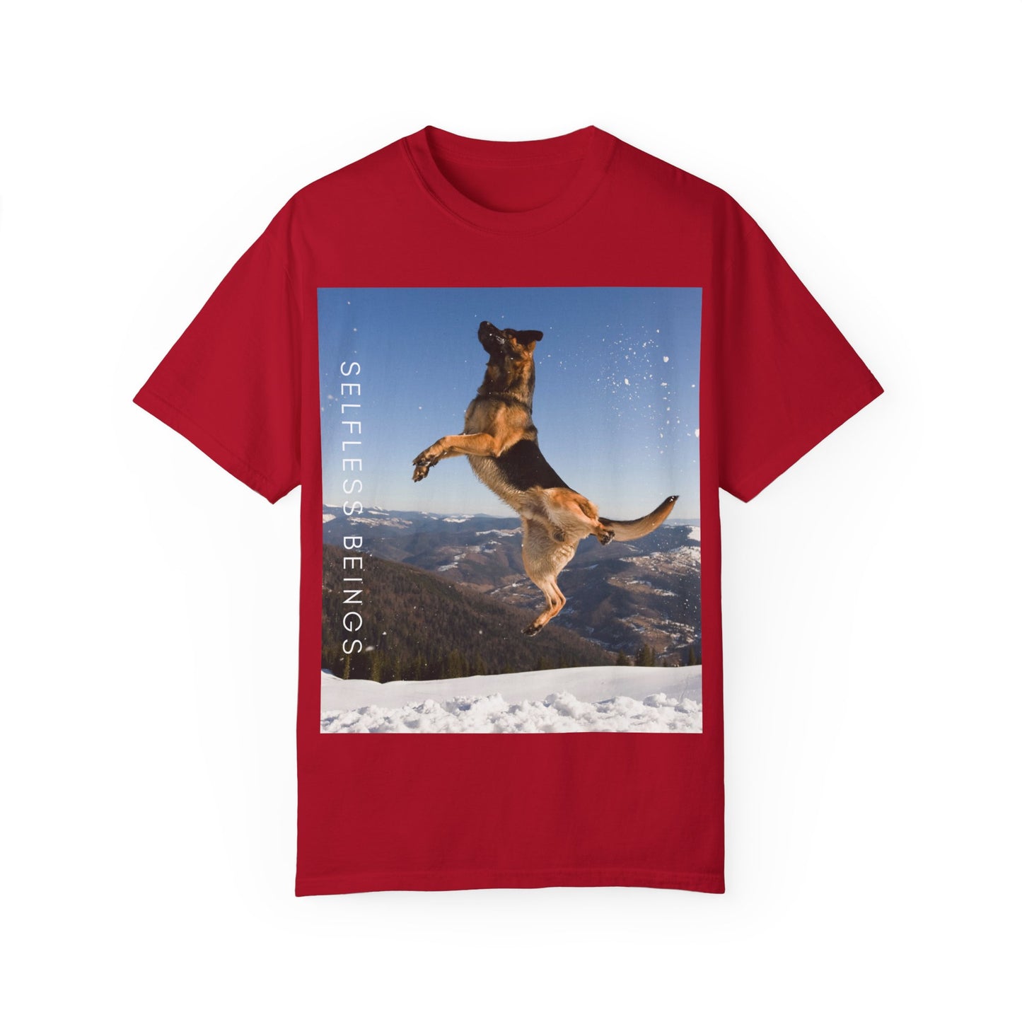 Unisex Dog Lover T-Shirt With a German Shepherd in the Air on Top of Snow Mountain and Caption Selfless Beings