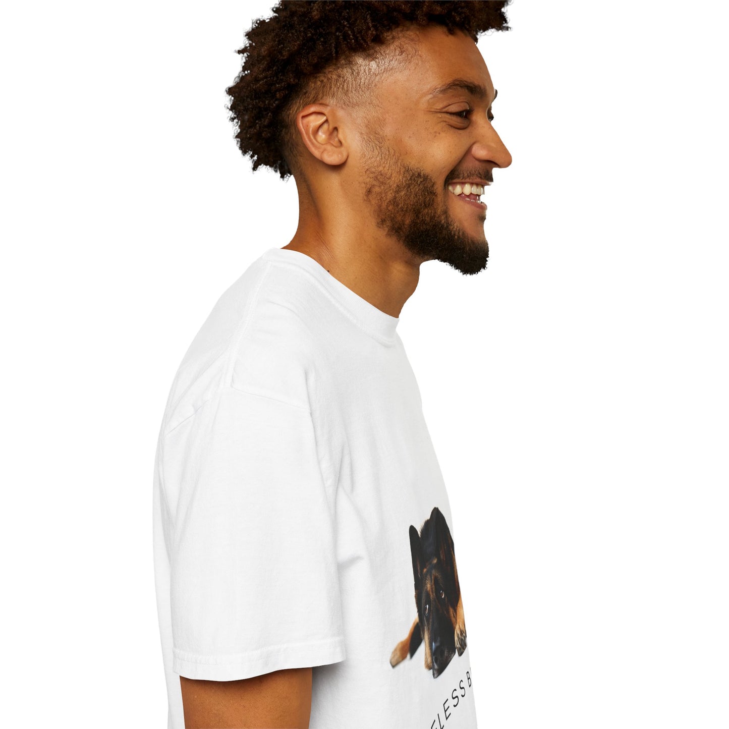 Unisex Dog Lover T-Shirt With a Bored German Shepherd Sitting in the Studio and Caption Selfless Beings