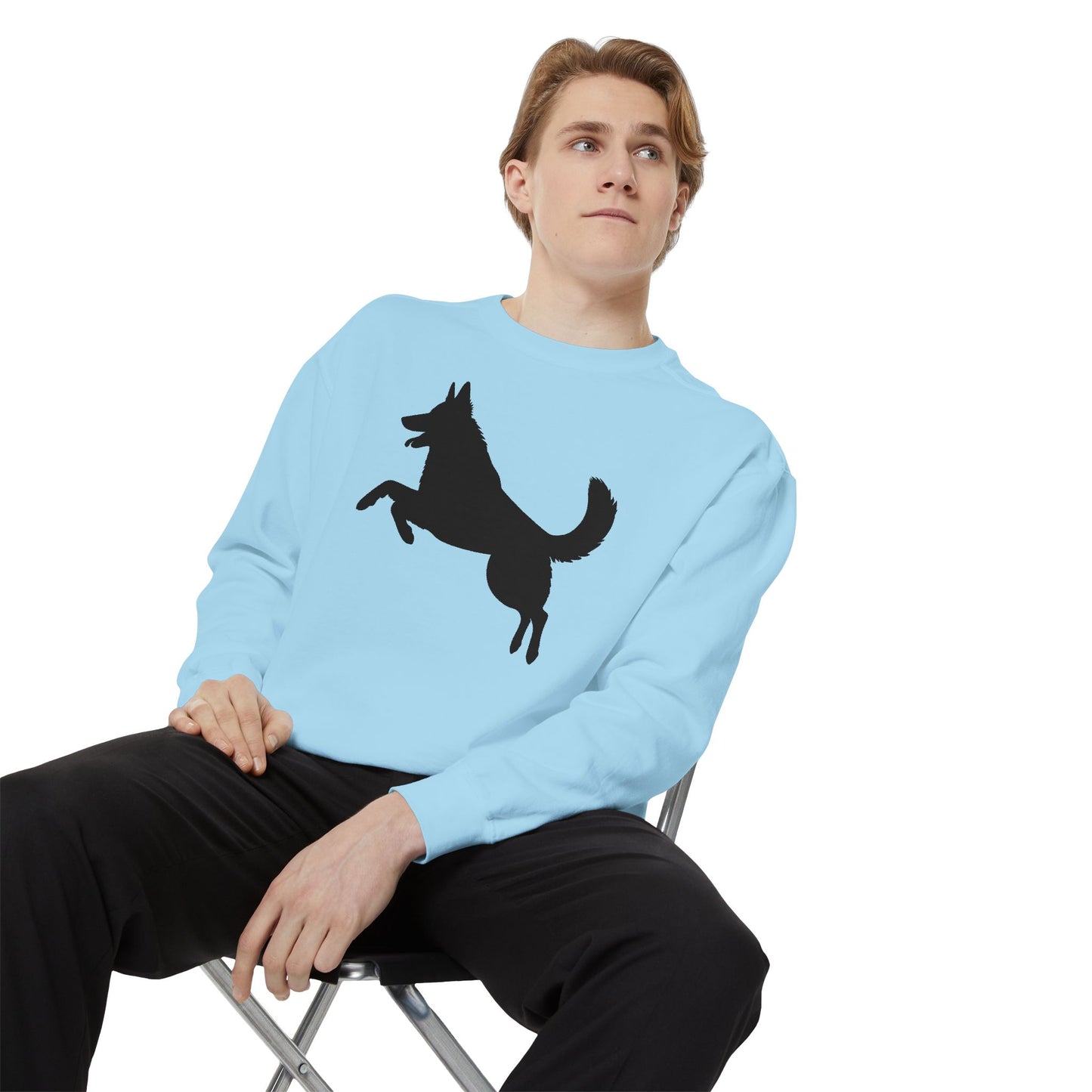 Unisex Dog Lover Sweatshirt With a Graphic of Solid Black German Shepherd Jumping in the Air