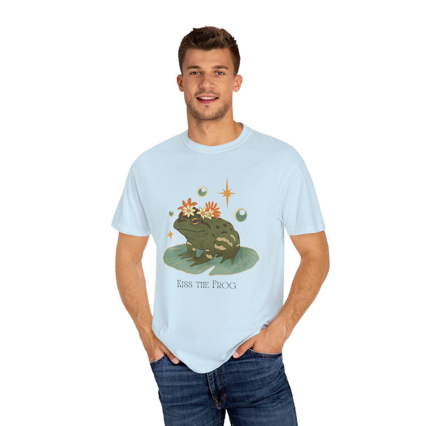 Kiss the Frog T-Shirt, Garment-Dyed Unisex Tee, Fun Gift for Nature Lovers, Cute Frog Graphic T-Shirt, Ideal for Casual Outings