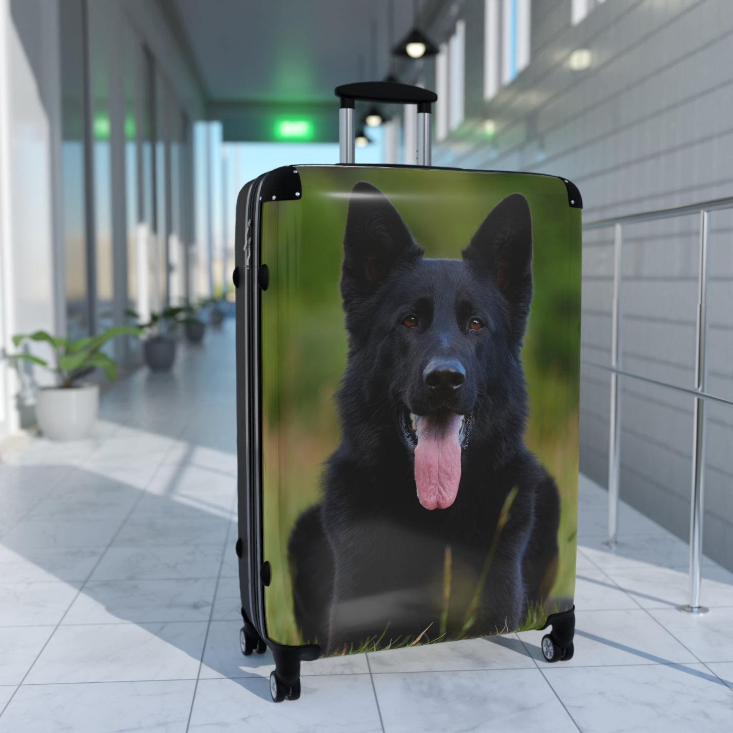 Personalized Dog-Themed Suitcase Featuring Black German Shepherd Resting on the Grass Leaving Tongue Out