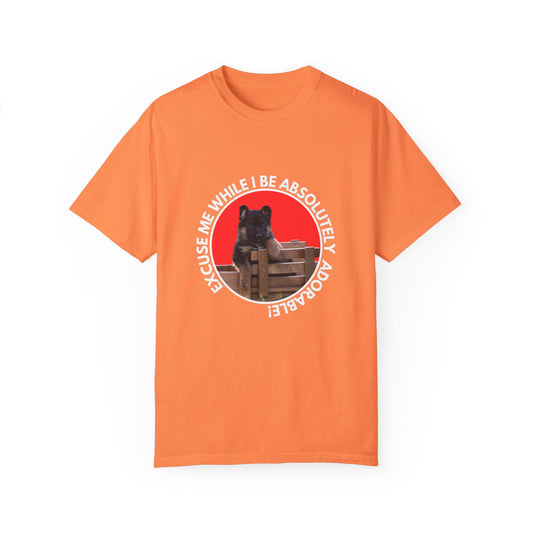 Unisex T-Shirt With Cute German Shepherd Puppy Sitting on the Toy Wooden Tractor and Caption Excuse Me While I Be Absolutely Adorable