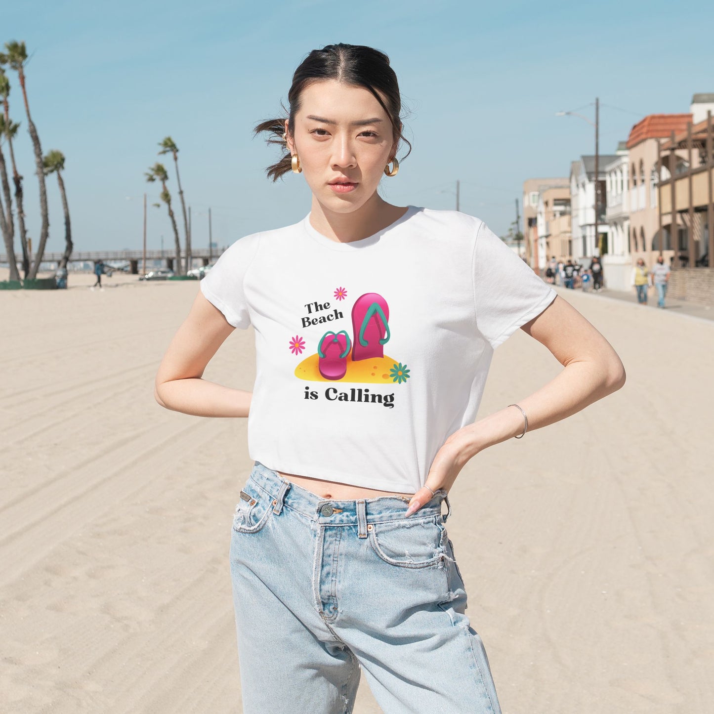 Beach Vibes Flowy Cropped Tee - The Beach is Calling, Summer Shirt, Women's Tee, Vacation Top, Beach Lover Gift, Relaxing Daywear