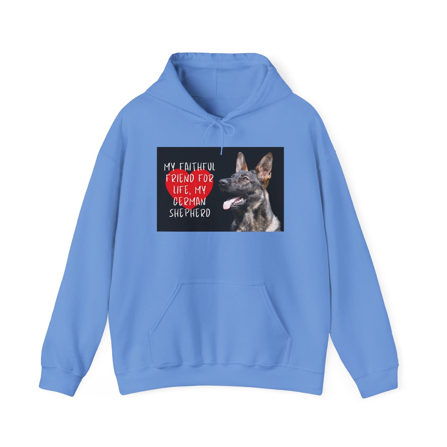 Unisex Dog Lover Hoodie With a Working Line German Shepherd and Caption Faithful Friend on Top of Red Heart