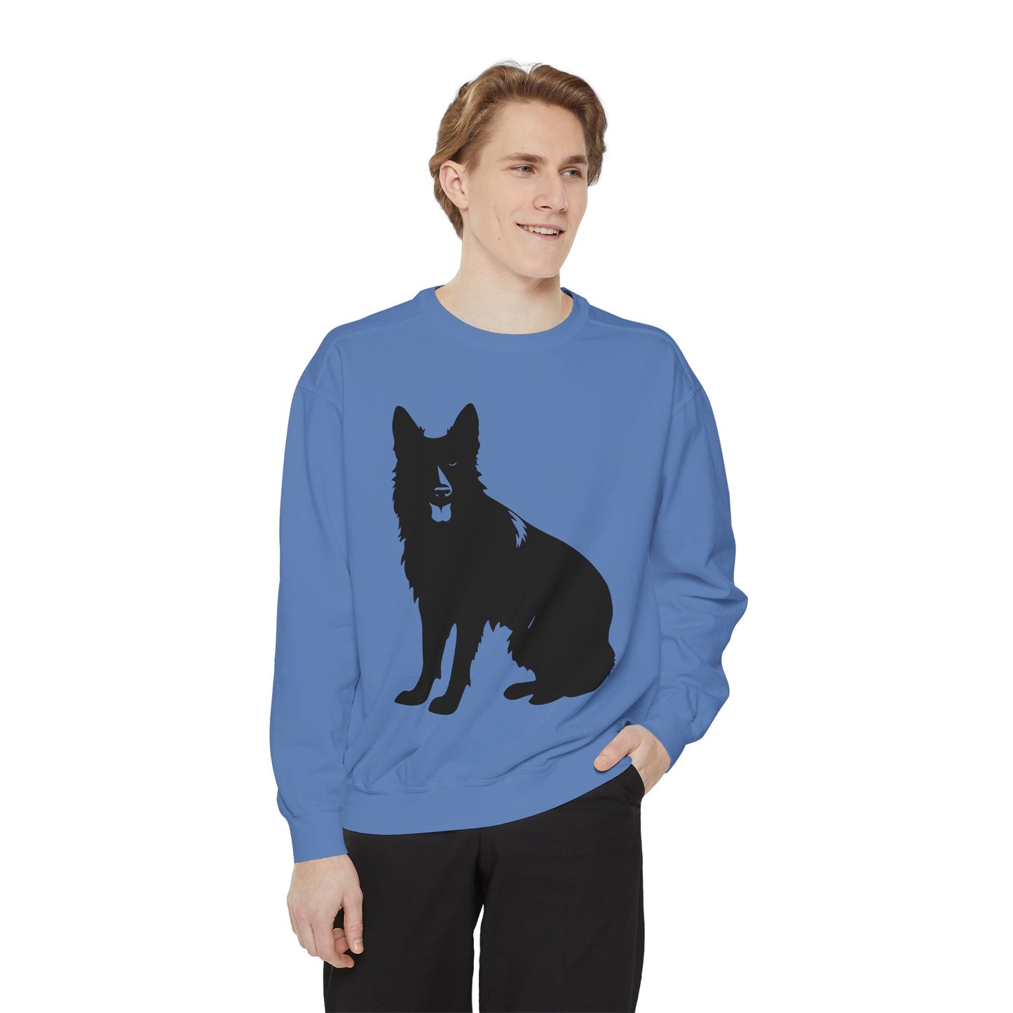 Unisex Dog Lover Sweatshirt With Graphic of Black German Shepherd With Hanging Tongue Sloppily Sitting