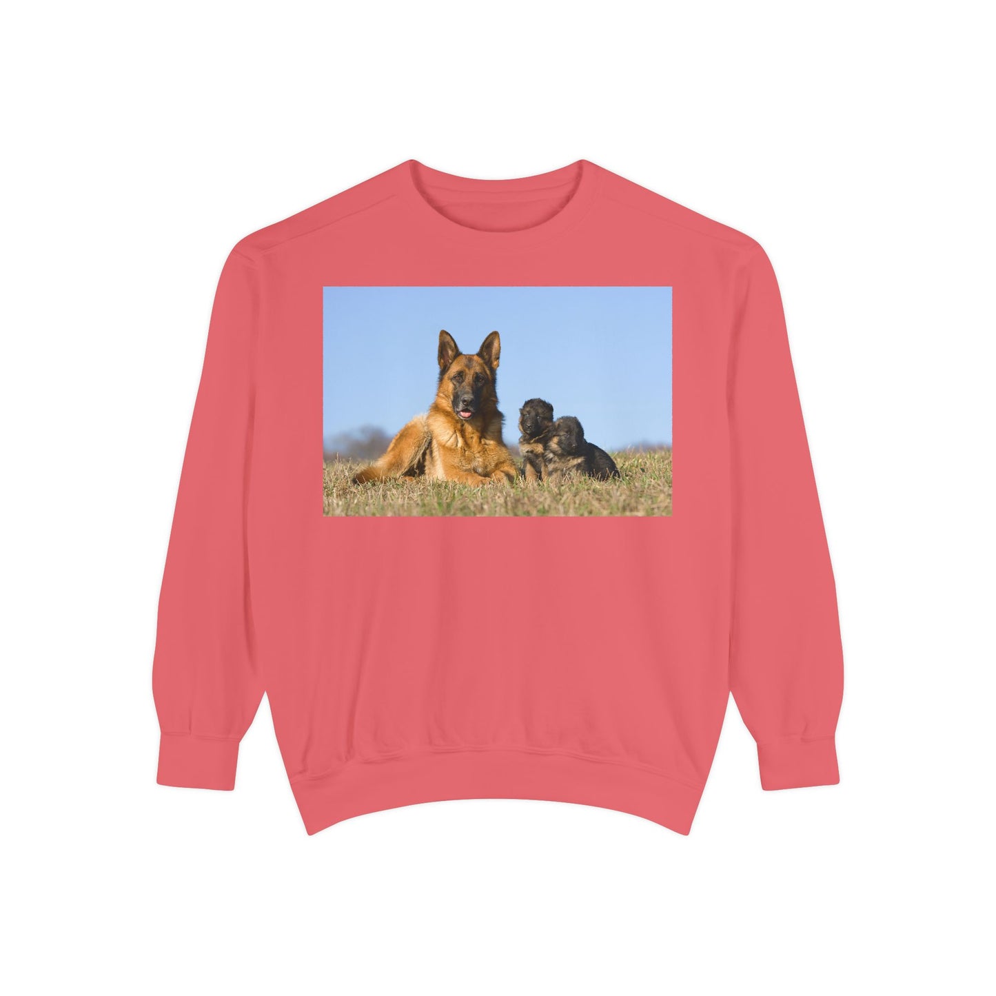 Unisex Dog Lover Sweatshirt With a German Shepherd Lying on the Grass With Two Puppies