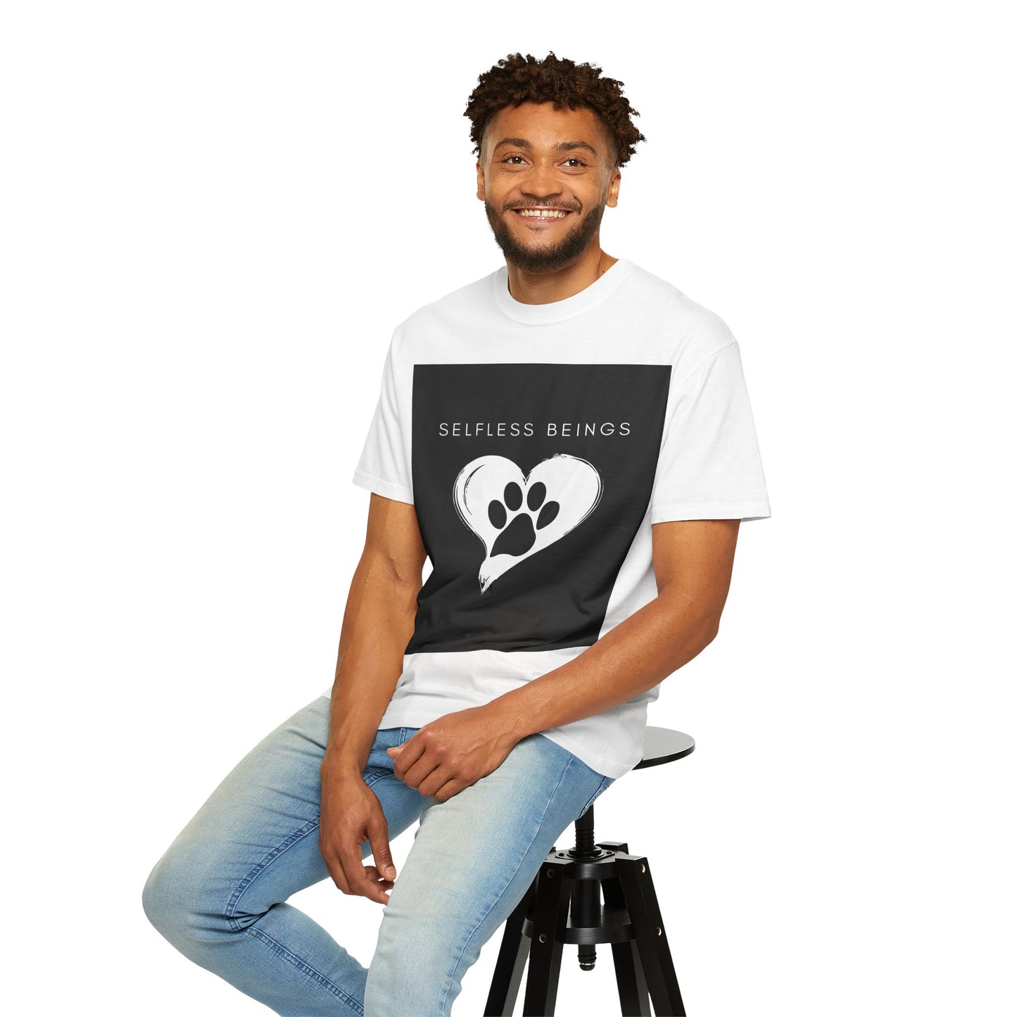 Unisex Dog Lover T-Shirt With Black Paw Print of a Dog Inside a White Heart and Caption Selfless Beings