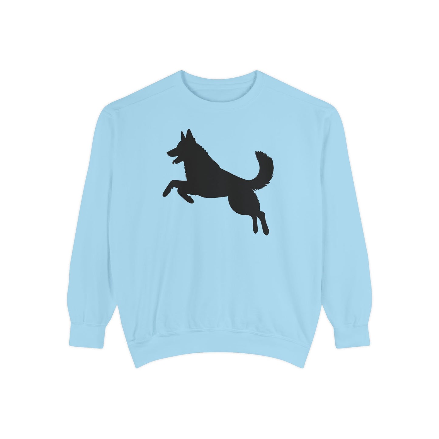 Unisex Dog Lover Sweatshirt With a Graphic of Solid Black German Shepherd Jumping in the Air