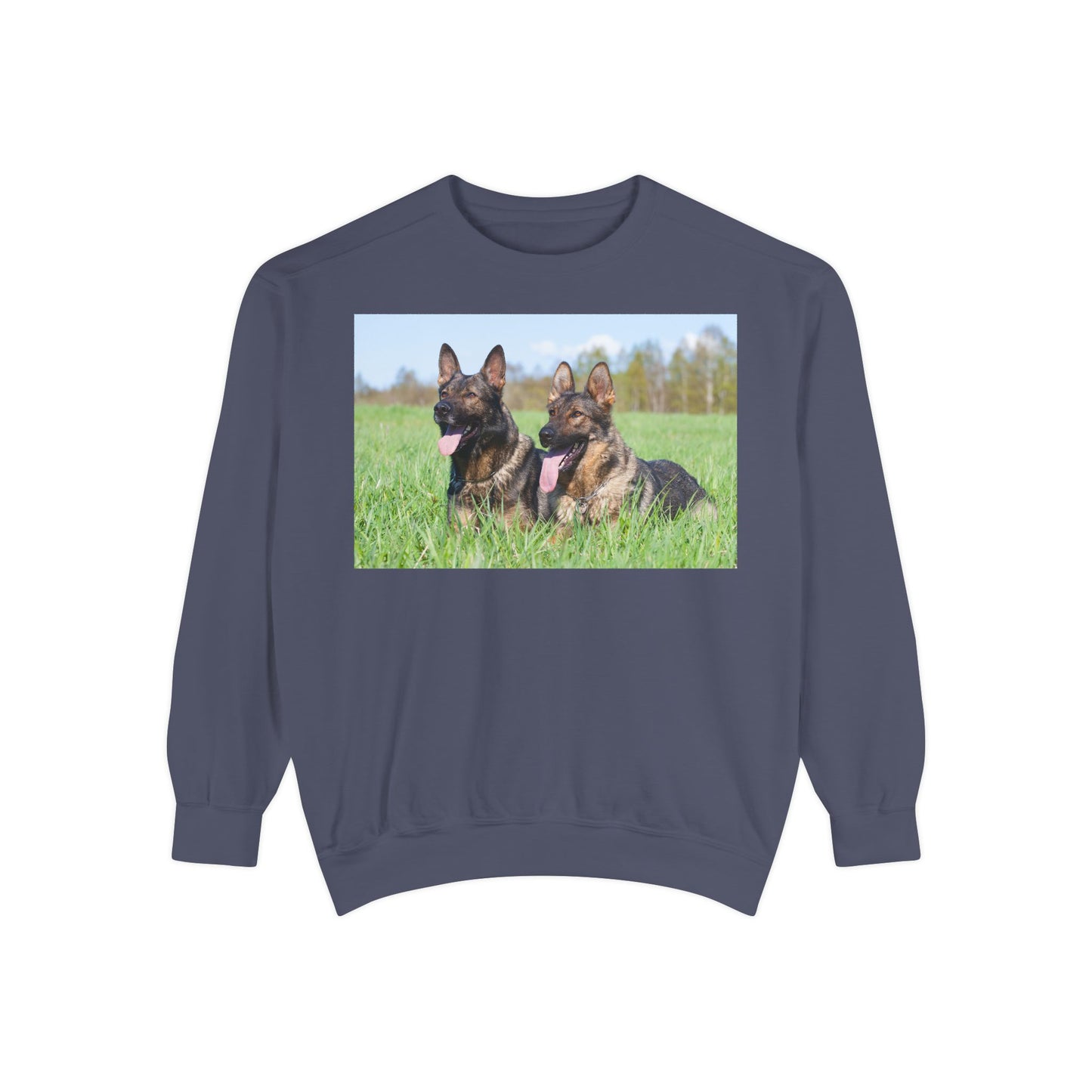 Unisex Dog Lover Sweatshirt With Two Giant German Shepherds Lying on the Grass With Tongues Out