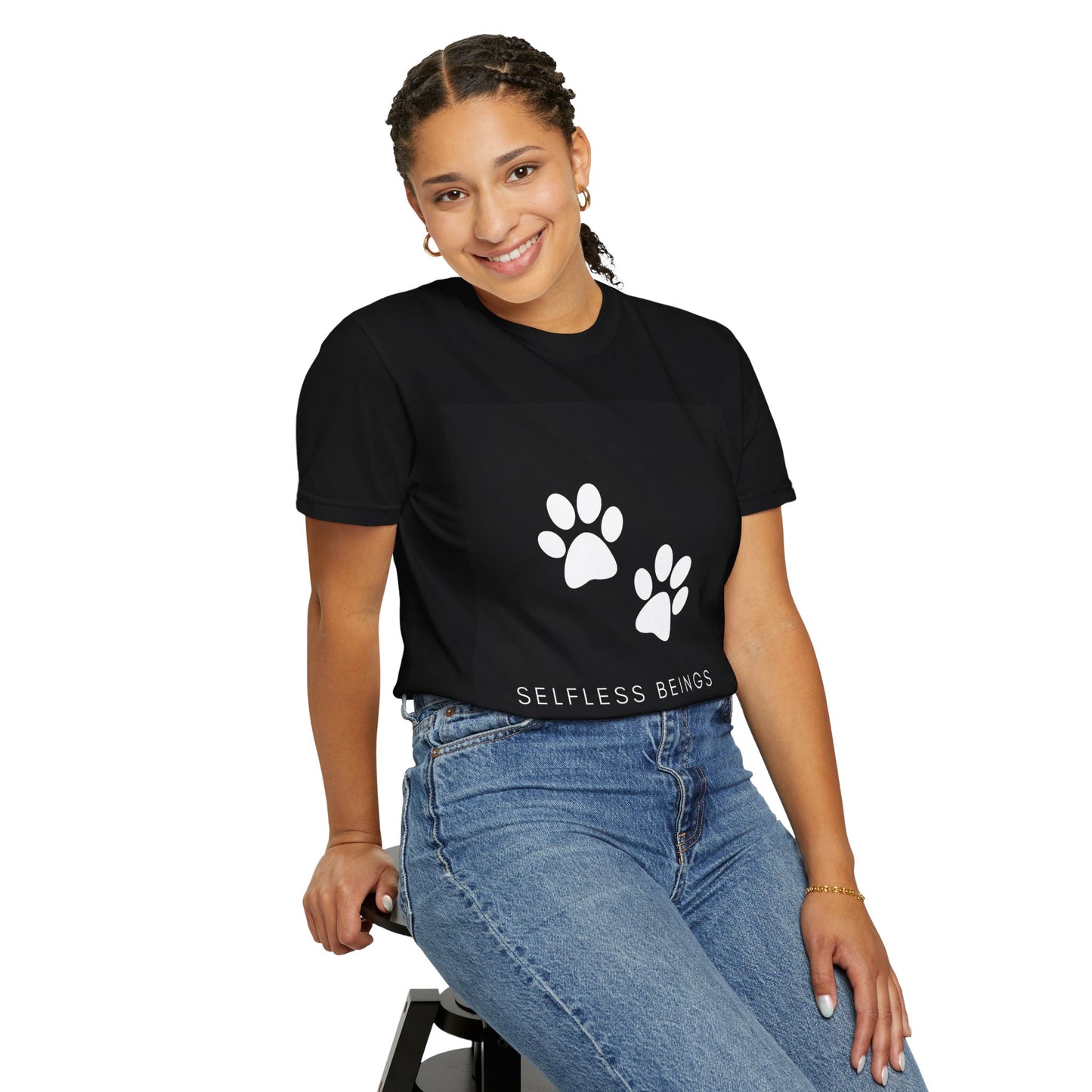 Unisex Dog Lover T-Shirt With White Dog Paw Prints and Caption Selfless Beings