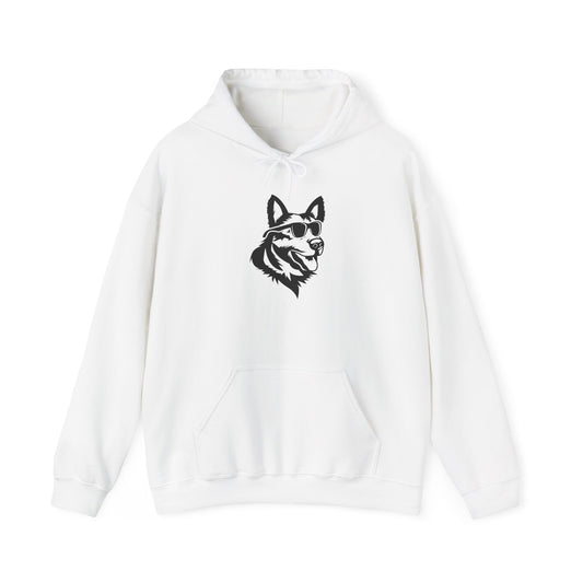 Unisex Dog Lover Hoodie With a Close Up Graphic of Black and White German Shepherd Wearing Black Glasses