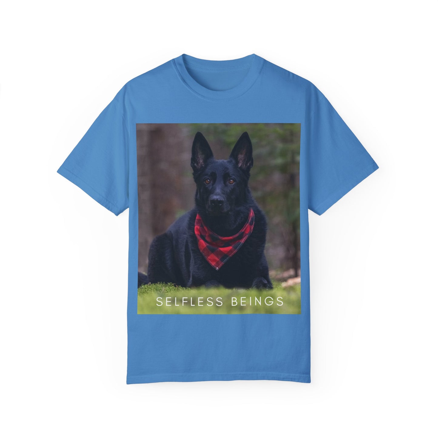 Unisex Dog Lover T-Shirt With a Solid Black German Shepherd Wearing a Red Romal Sitting and Caption Selfless Beings