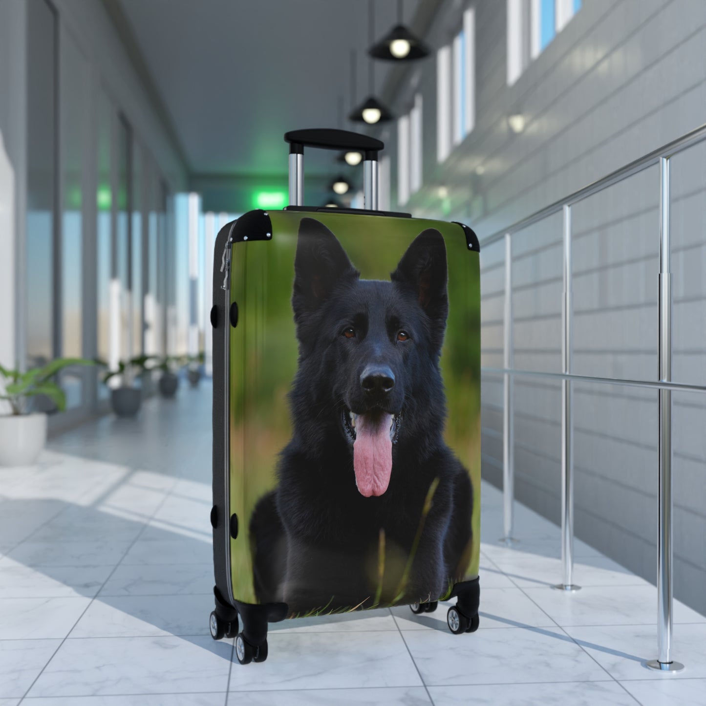 Personalized Dog-Themed Suitcase Featuring Black German Shepherd Resting on the Grass Leaving Tongue Out