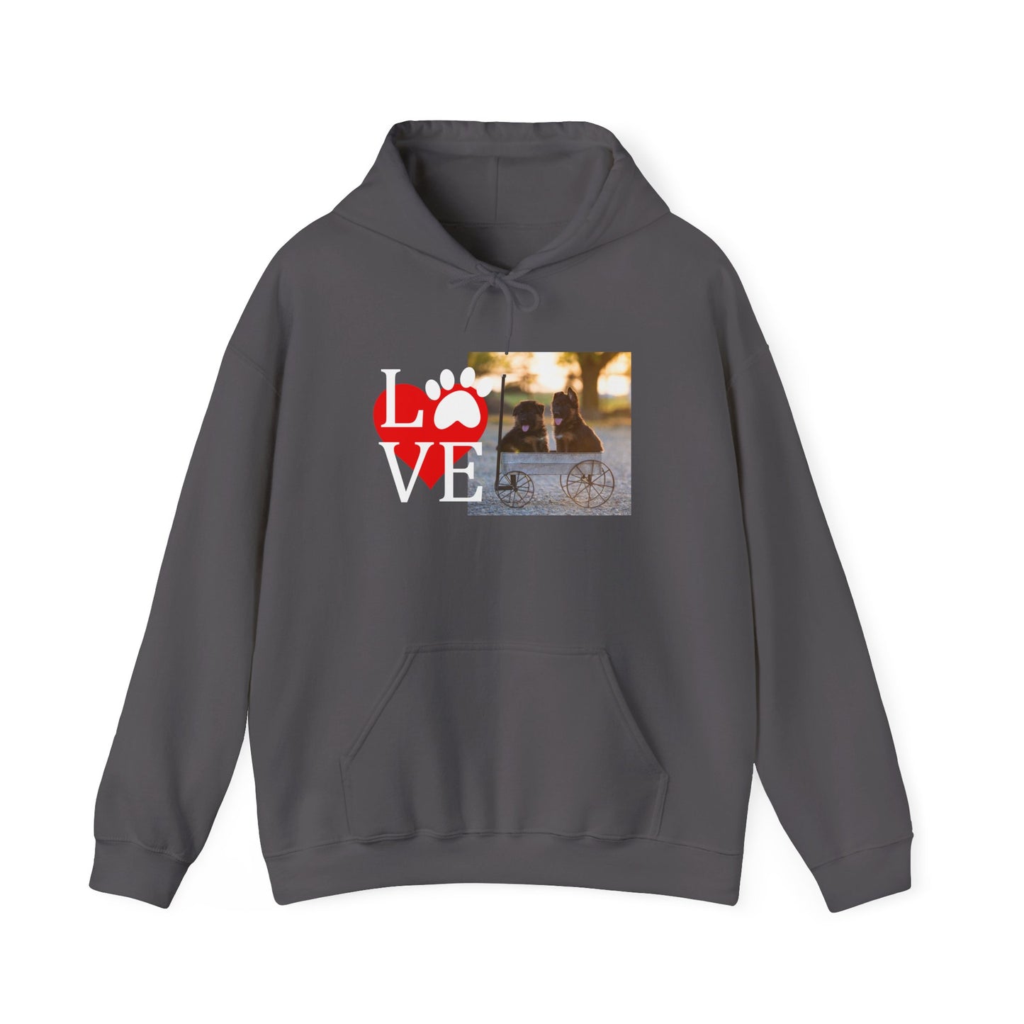 Unisex Dog Lover Hoodie With Two Cute German Shepherd Puppies Sitting on a Cart and Caption Love On Top of Red Heart