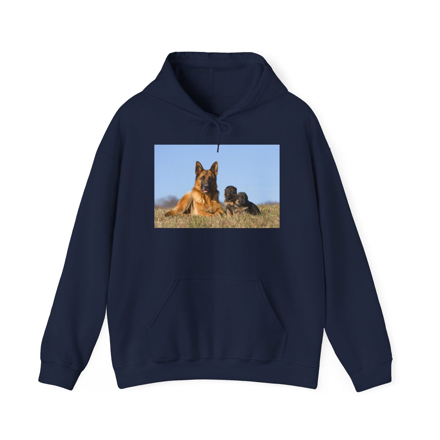 A Unisex Dog Lover Hoodie With a German Shepherd Lying on the Grass With Two Puppies