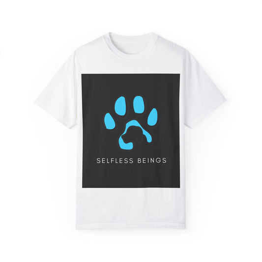 Unisex Dog Lover T-Shirt With Graphic of Blue Colored Dog Paw's Print Whose Metacarpal Contains a Design of Black Dog and Caption Selfless Beings Below