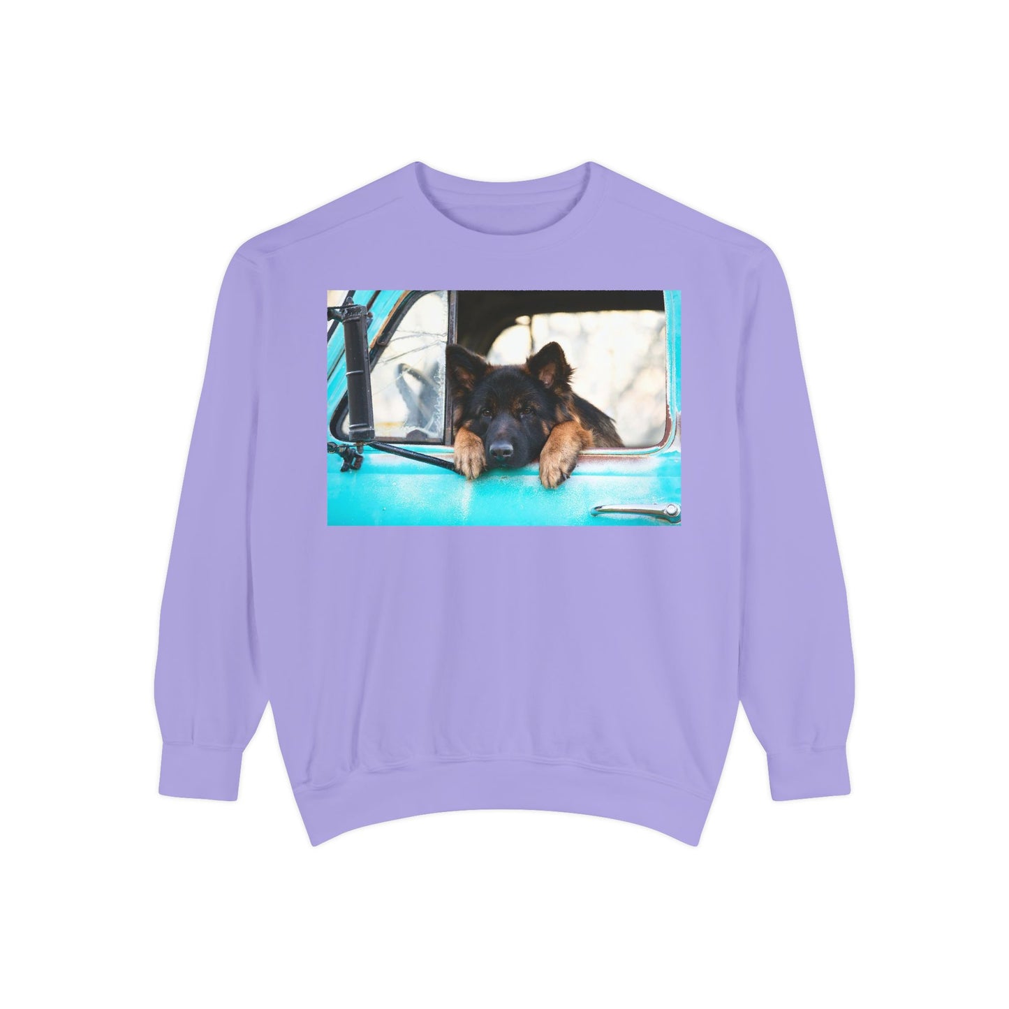 Unisex Dog Lover Sweatshirt With a German Shepherd Puppy Putting His Head and Front Legs On The Truck Seat's Window