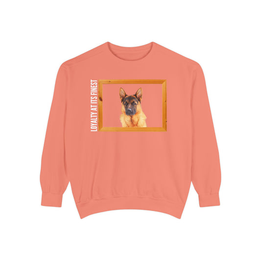 Unisex Dog Lover Sweatshirt With a German Shepherd's Head Inside a Wooden Frame and Caption Loyalty at Its Finest