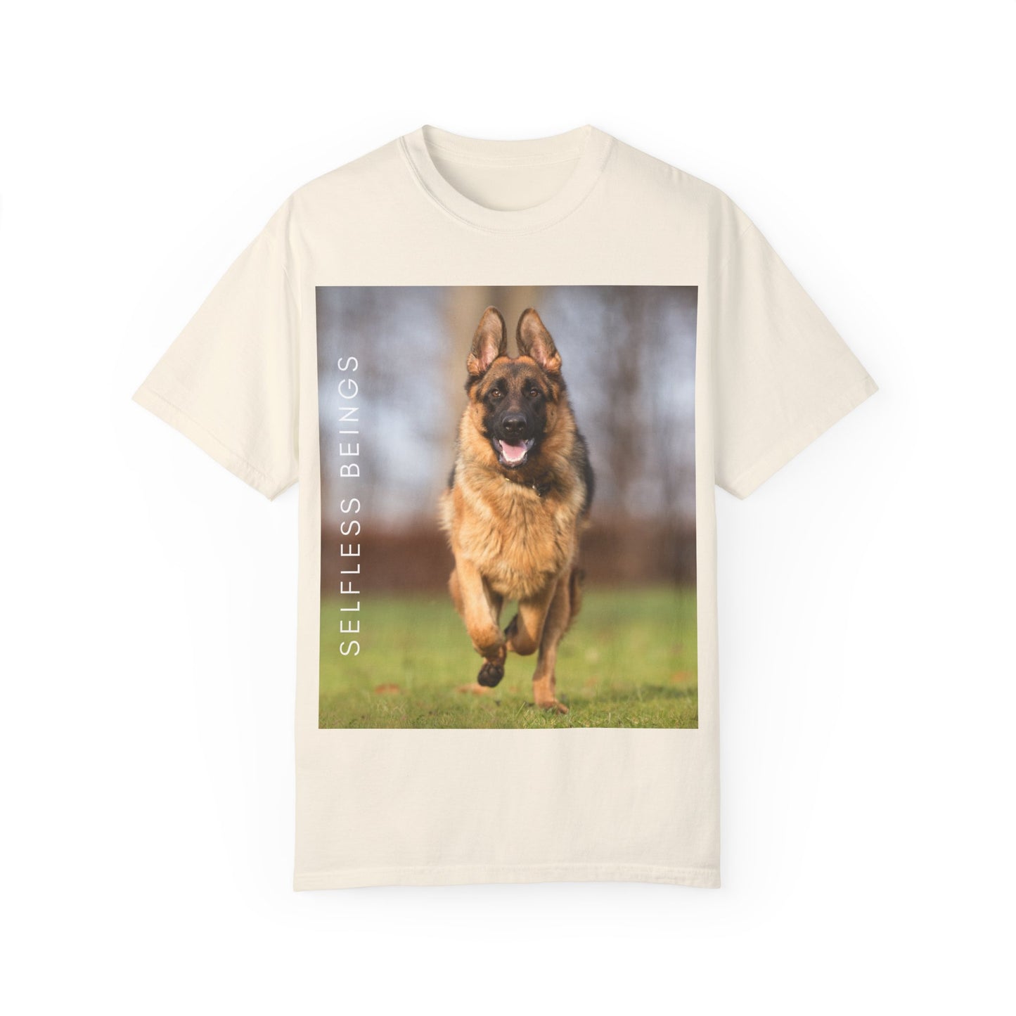 Unisex Dog Lover T-Shirt With Large German Shepherd Running on the Grass and Caption Selfless Beings